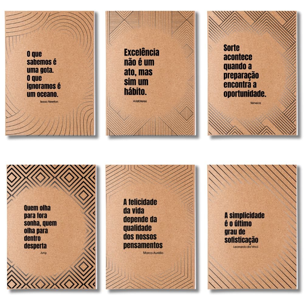 Kit 6x Cadernetas Frases e Citações Capa Kraft Flexível 40 Pág A5