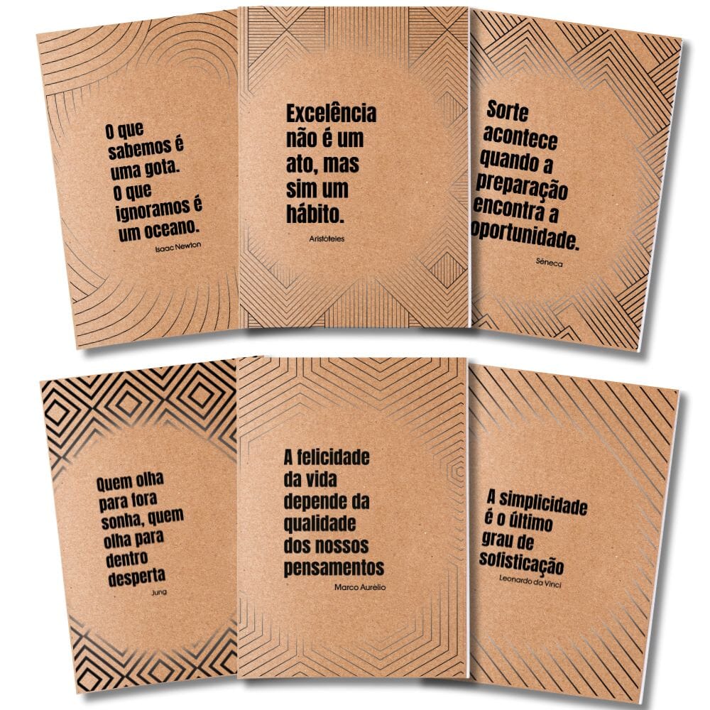 Kit 6x Cadernetas Frases e Citações Capa Kraft Flexível 40 Pág A5