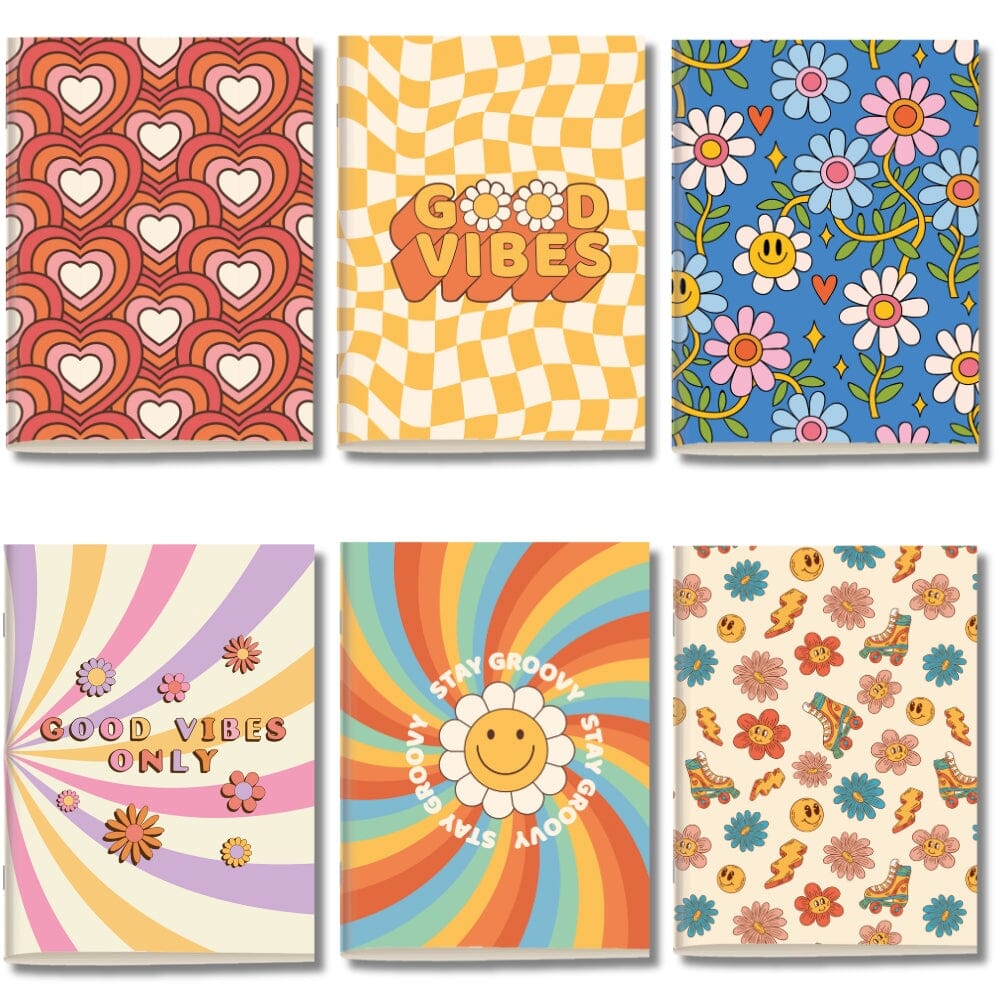 Kit 6x Cadernetas Retrô Groovy Capa Flexível 40 Pág Pólen A5