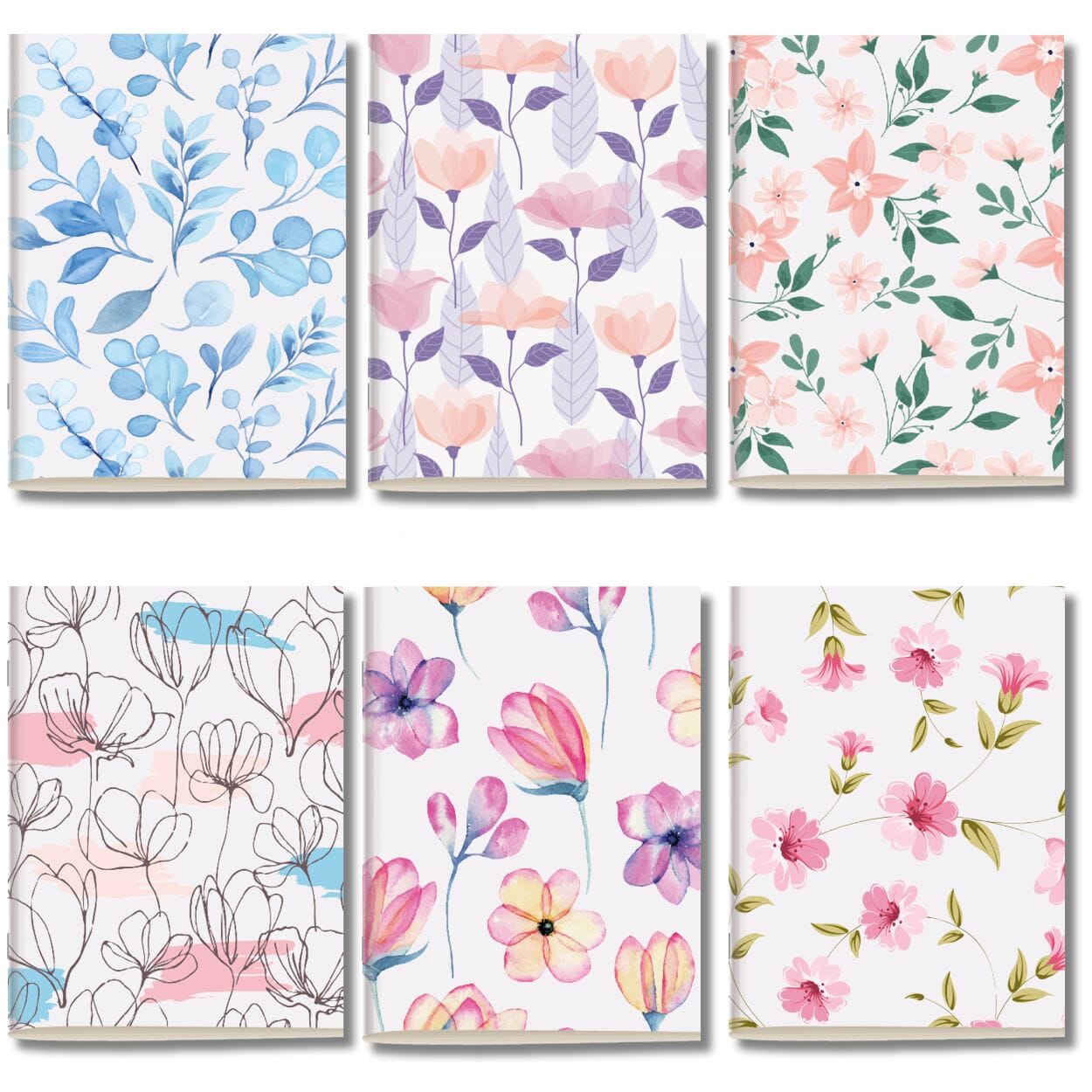 Kit 6x Cadernetas Flores Aquarela Capa Flexível 40 Páginas Pólen A5