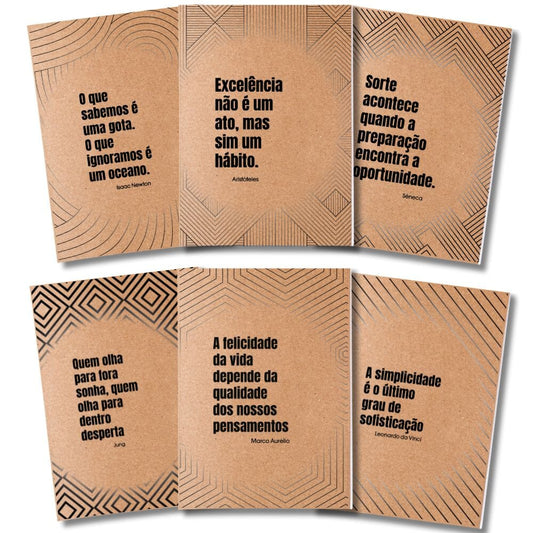Kit 6x Cadernetas Frases e Citações Capa Kraft Flexível 40 Pág A5